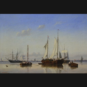 Viggo Fauerholdt. Morgen med sejlbåde, 1854. 32x45cm.