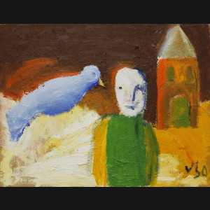 Wiliam Skotte Olsen. Komposition med fugl og person. 60x80cm.